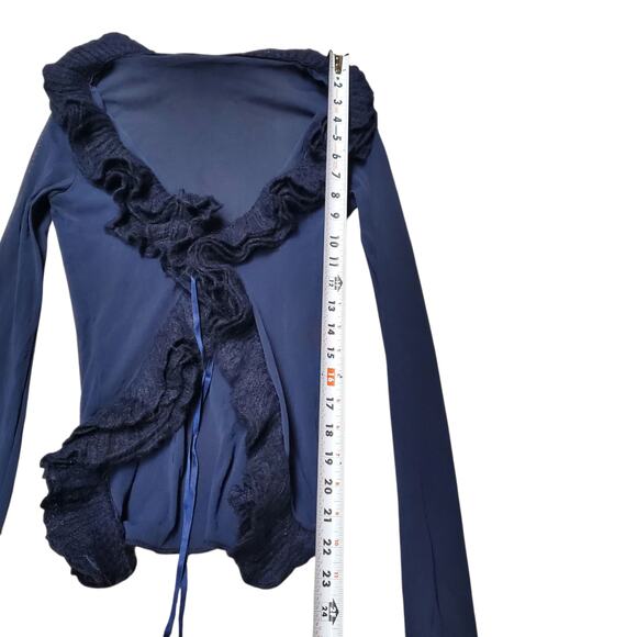 Y2k Euro Cardigan Mesh Navy Blue w/ Ruffle Front & Satin Bow - Small - Picture 8 of 8